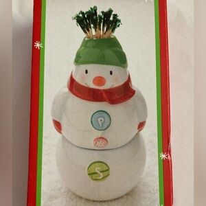 NWT Hallmark Festive Snowman Salt and Pepper Shaker Toothpick Holder Set
